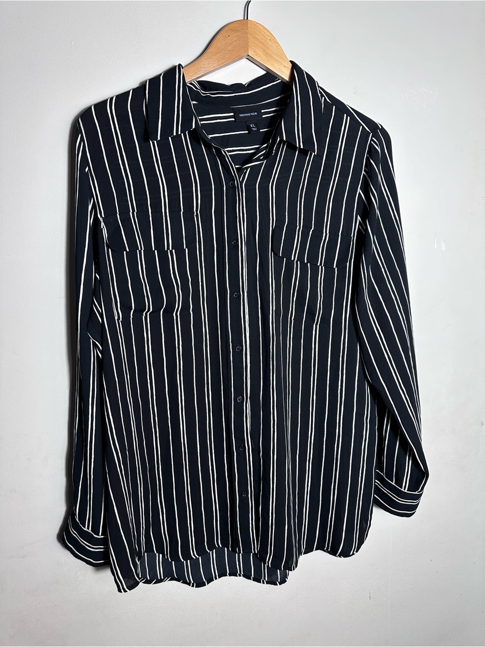 Who What Wear Black and White Vertical Stripe Button-Up Blouse